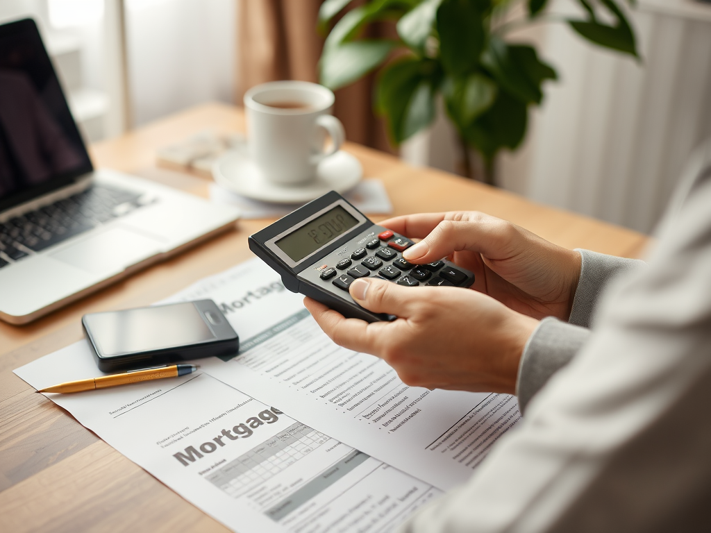 Как выбрать программу ипотечного кредитования? На столе лежат документы по ипотеке, калькулятор, ноутбук и чашка кофе. Человек рассчитывает ипотечные платежи.