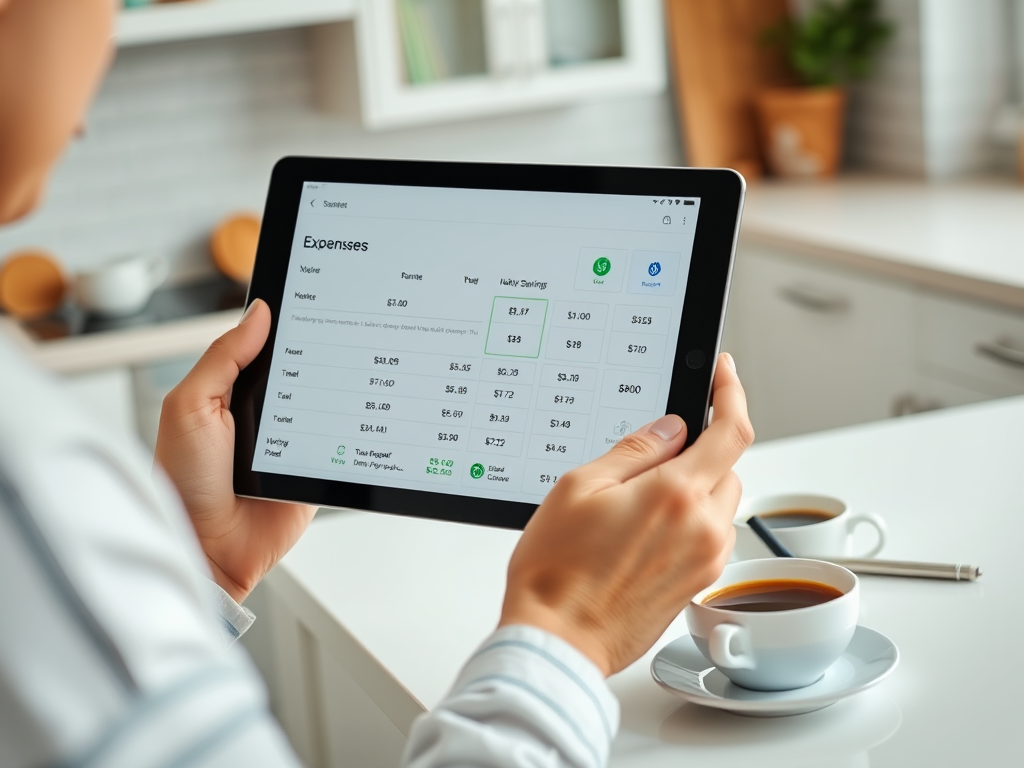 Человек смотрит на планшет с таблицей расходов, на столе стоит чашка кофе и вторая пустая чашка.