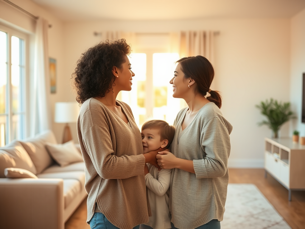 Как воспользоваться субсидиями при покупке квартиры Две женщины и ребенок улыбаются друг другу в светлой уютной комнате. Счастливые моменты семьи.