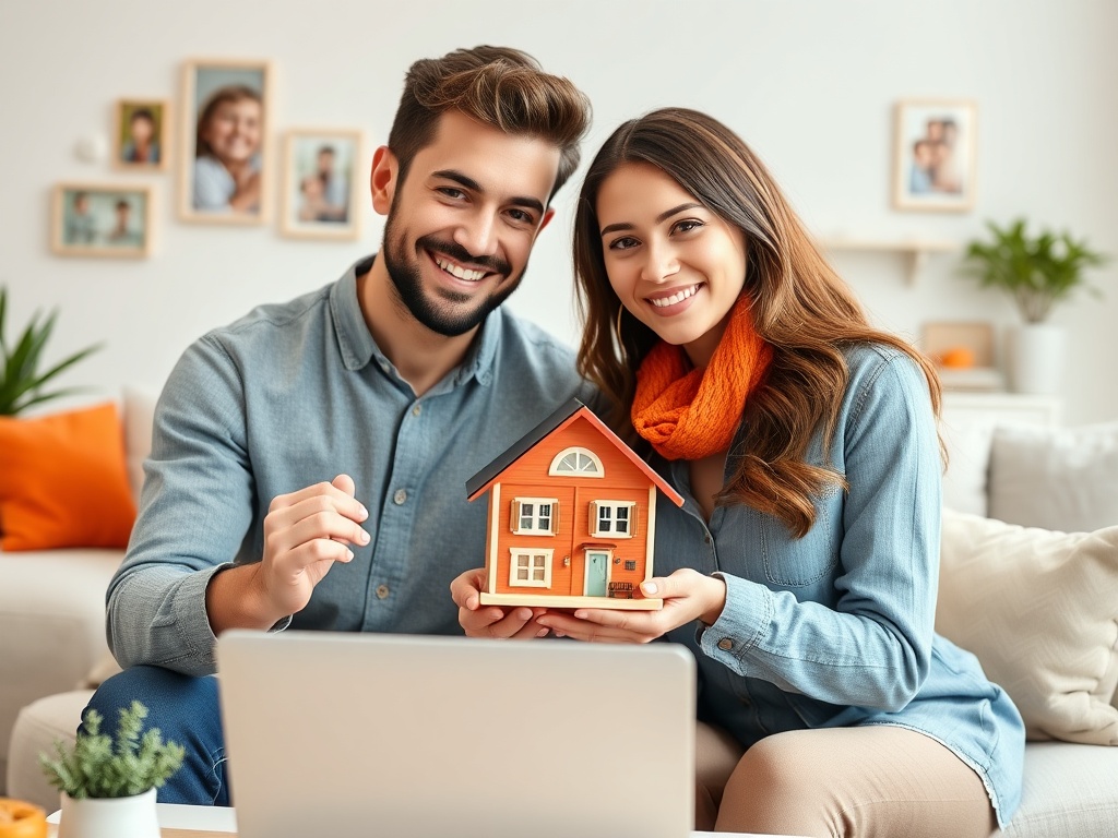 Счастливая пара держит модель дома, сидя рядом с ноутбуком в уютной обстановке.