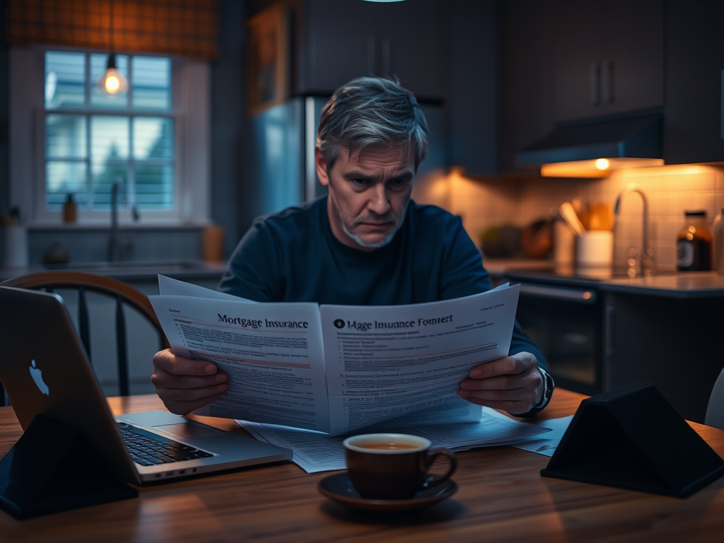 Мужчина читает документы по ипотечному страхованию за столом с ноутбуком и чашкой кофе в уютной кухне.