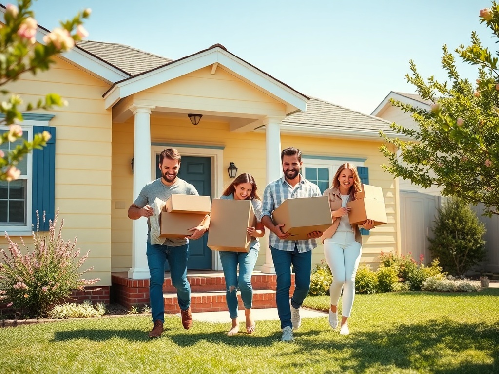 Четыре человека несут коробки к дому на фоне зелёной лужайки и светло-жёлтого фасада. Солнечный день.