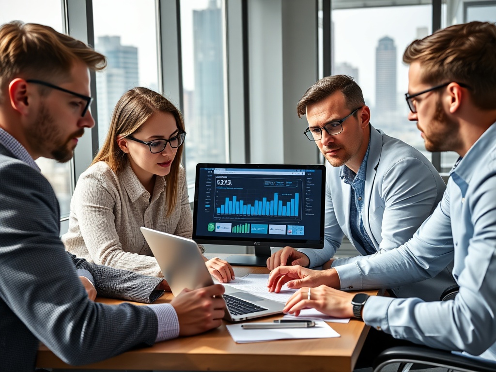 Четыре человека в офисе обсуждают данные на ноутбуке и экране, анализируя графики и отчеты.
