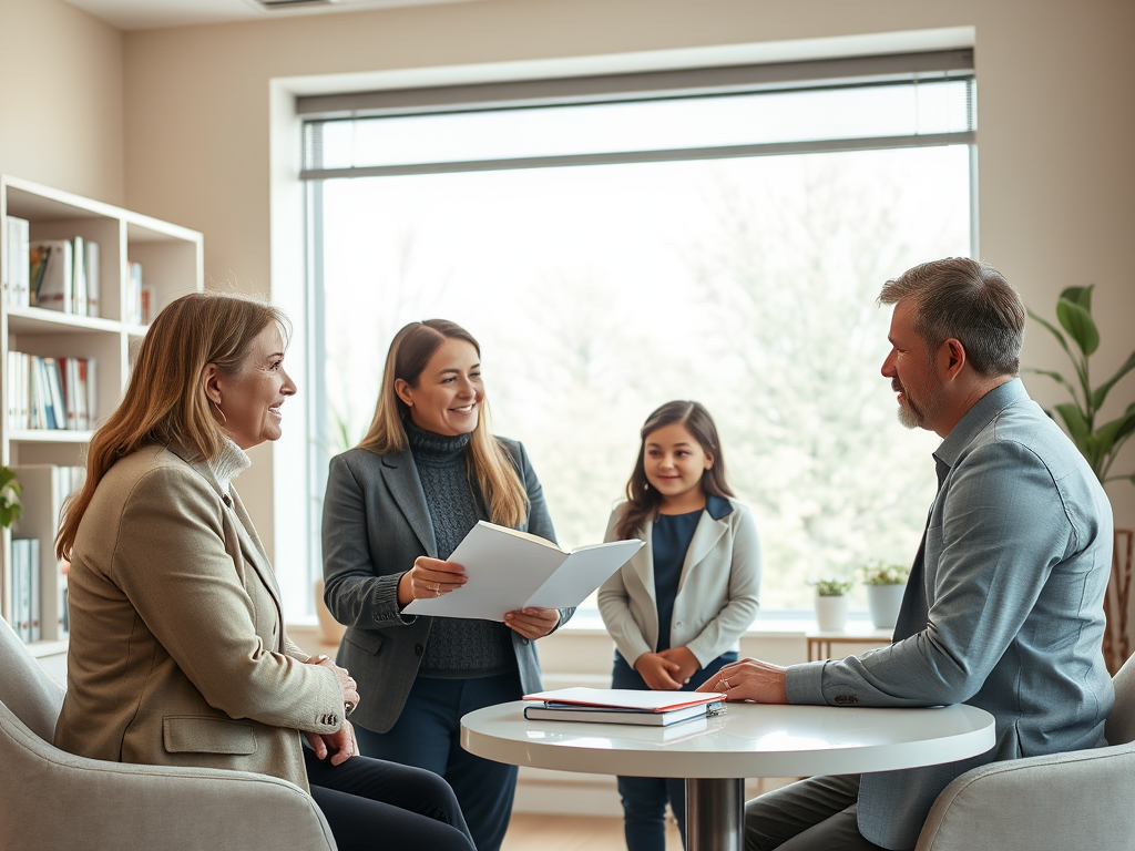 Как выбрать программу ипотечного кредитования? На встрече в офисе женщина обсуждает документы с двумя клиентами и девочкой. В комнате много света и растений.