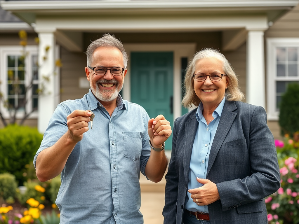 Два человека стоят перед домом и улыбаются, держа ключи. Счастливый момент нового начала в жизни.