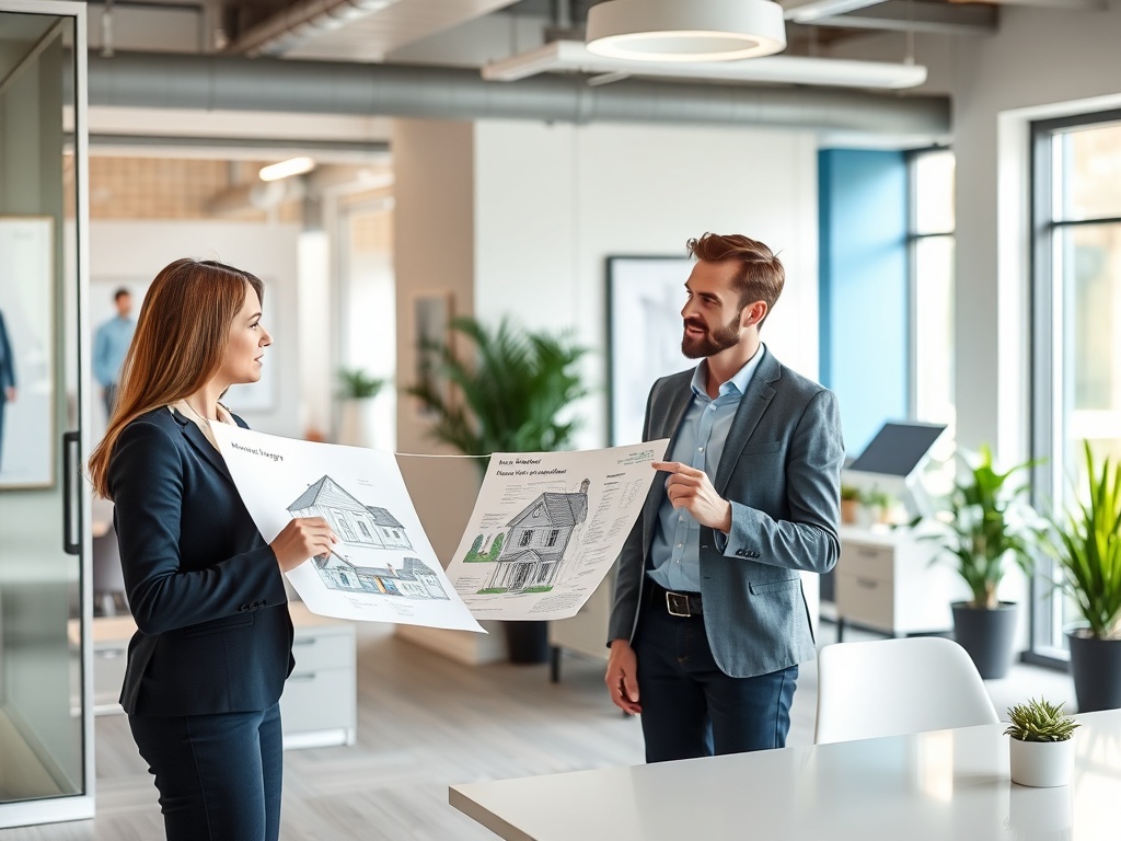 Два человека в офисе обсуждают архитектурные планы, держа их в руках, вокруг зелень и современная обстановка.