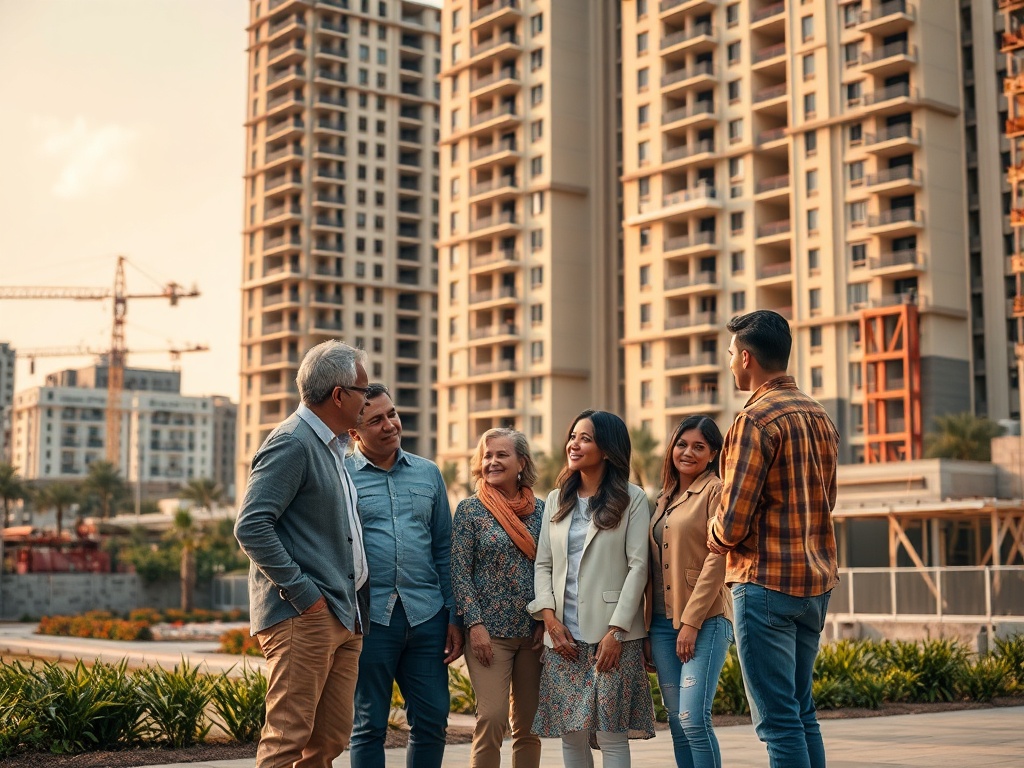 Группа людей обсуждает что-то на фоне новостроек в солнечный день. Видны растительность и строительные краны.