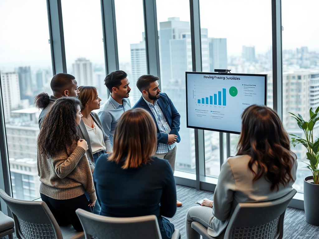 Как воспользоваться субсидиями при покупке квартиры Группа людей обсуждает презентацию, стоя перед экраном с графиками в офисе с видом на город.