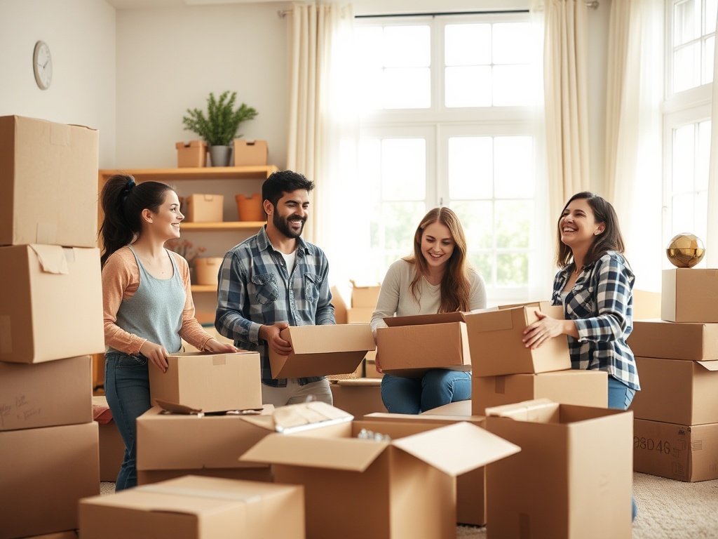 Четыре человека распаковывают коробки в комнате, смеются и обмениваются радостными моментами.