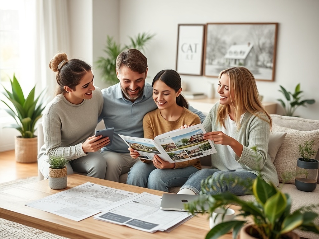 Четыре человека рассматривают буклет с домами, сидя на диване в светлом помещении с растениями.