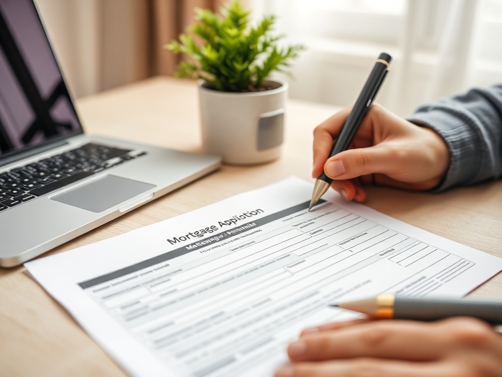 Льготная ипотека в России: условия и программы Человек заполняет заявку на ипотеку на столе рядом с ноутбуком и маленьким растением в горшке.