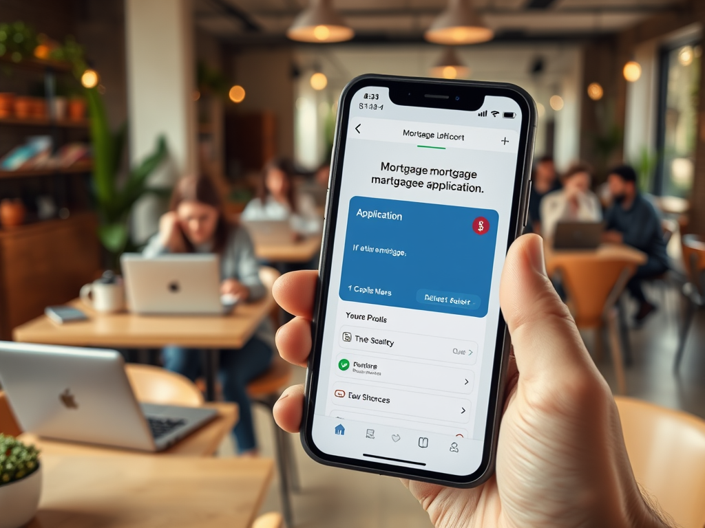 Человек держит телефон с приложением для ипотеки на фоне кафе с работающими людьми.