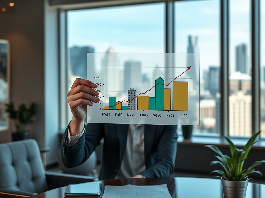 Человек держит диаграмму с ростом данных на фоне офисного окна с городским пейзажем.