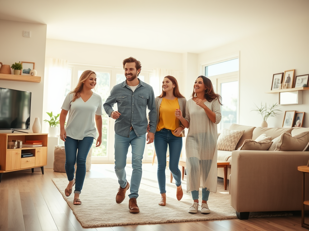 Группа друзей весело гуляет по светлой комнате с мягкой мебелью и зелеными растениями.