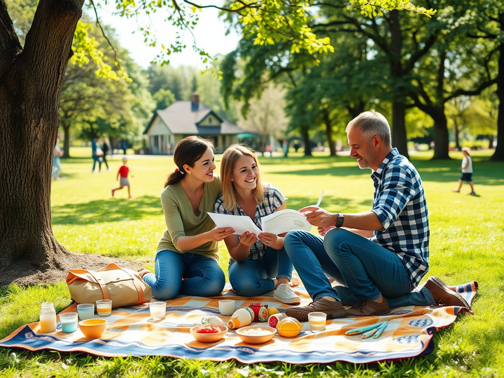 Трое людей на пикнике читают вместе книги, рядом с ними еда на пледе в солнечном парке.