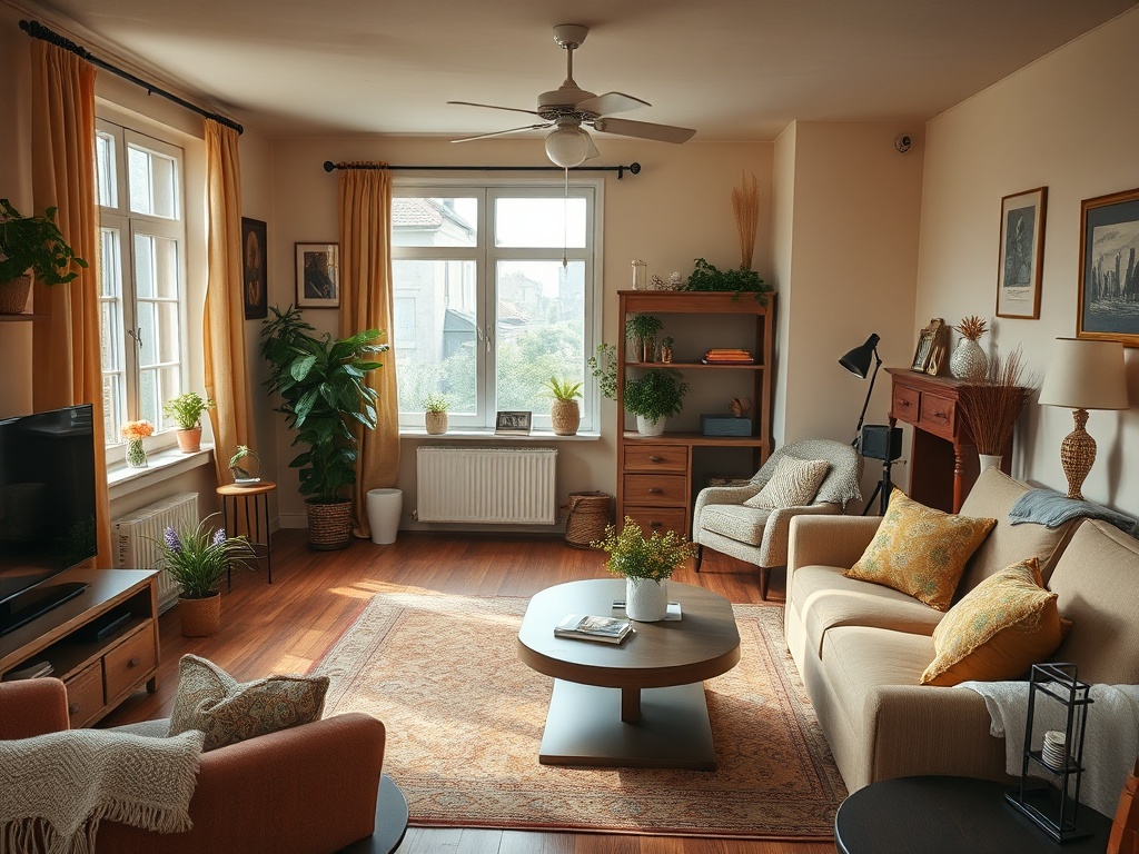Уютная гостиная с растениями, мягкой мебелью и большим окном, пропускающим свет. Теплая атмосфера.