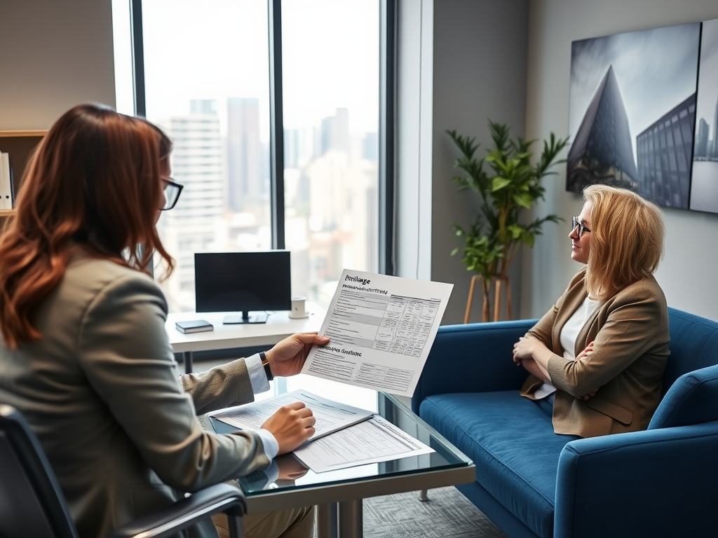 Женщина на собеседовании сидит на диване, другая читает резюме за стеклянным столом в офисе.