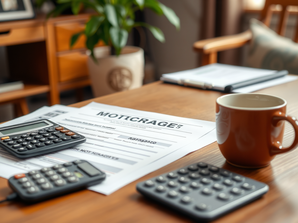 На столе бумаги по ипотеке, калькуляторы и чашка кофе в уютном офисе.