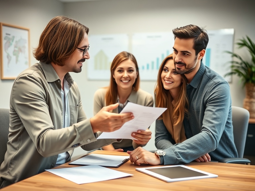 Льготная ипотека в России: условия и программы Четыре человека обсуждают документы на рабочем месте, улыбаются и активно общаются.